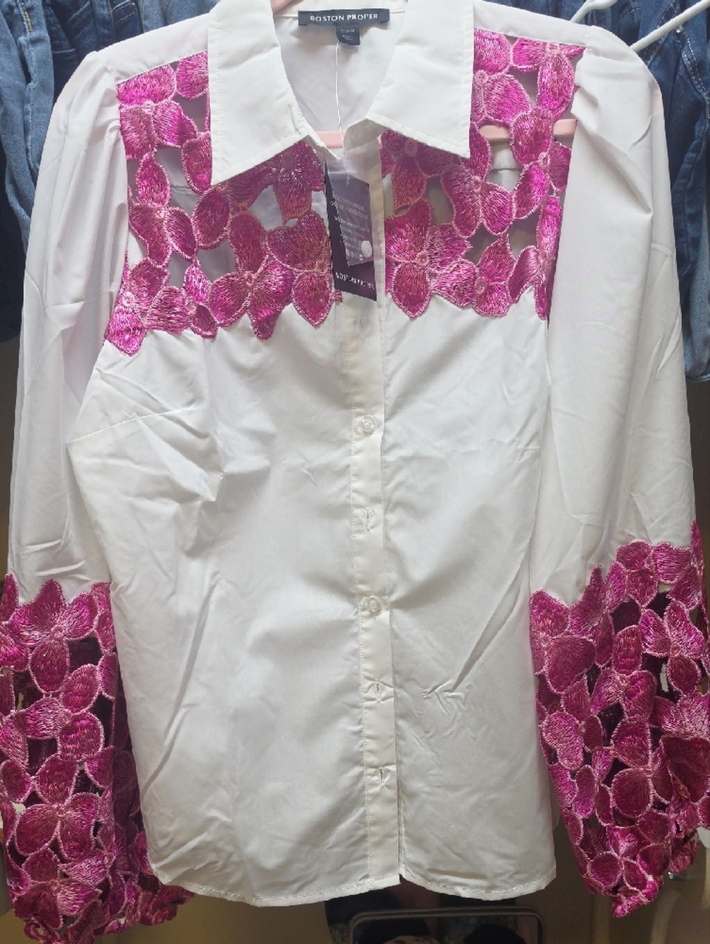 Boston Proper White Button-Down with Pink Floral Embroidered Yoke & Sleeves - Picture 2 of 8